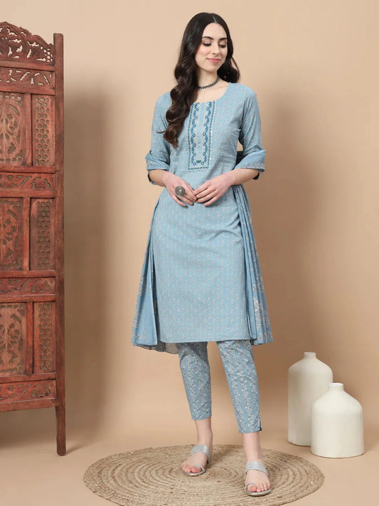 Blue Ethnic Motifs,Thread_Work Straight Kurta Trouser And Dupatta Set-Yufta Store-6812SKDBLS