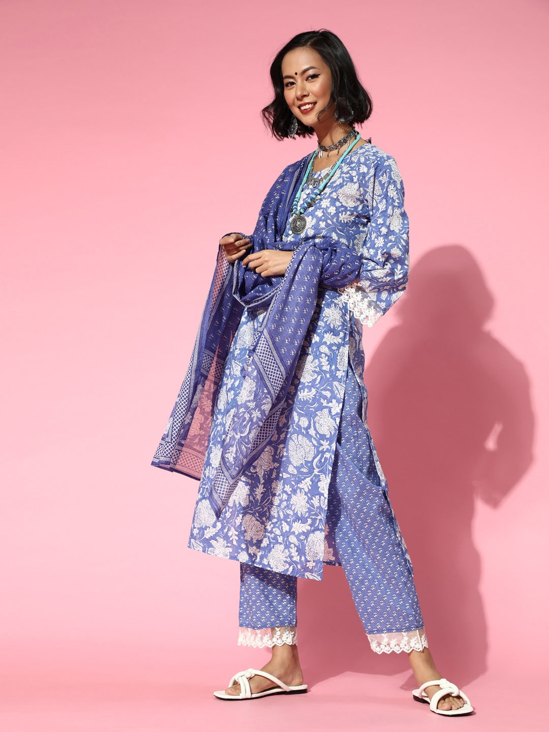 Blue Ethnic Printed Pure Cotton Dupatta Set-Yufta Store-9506SKDBLS