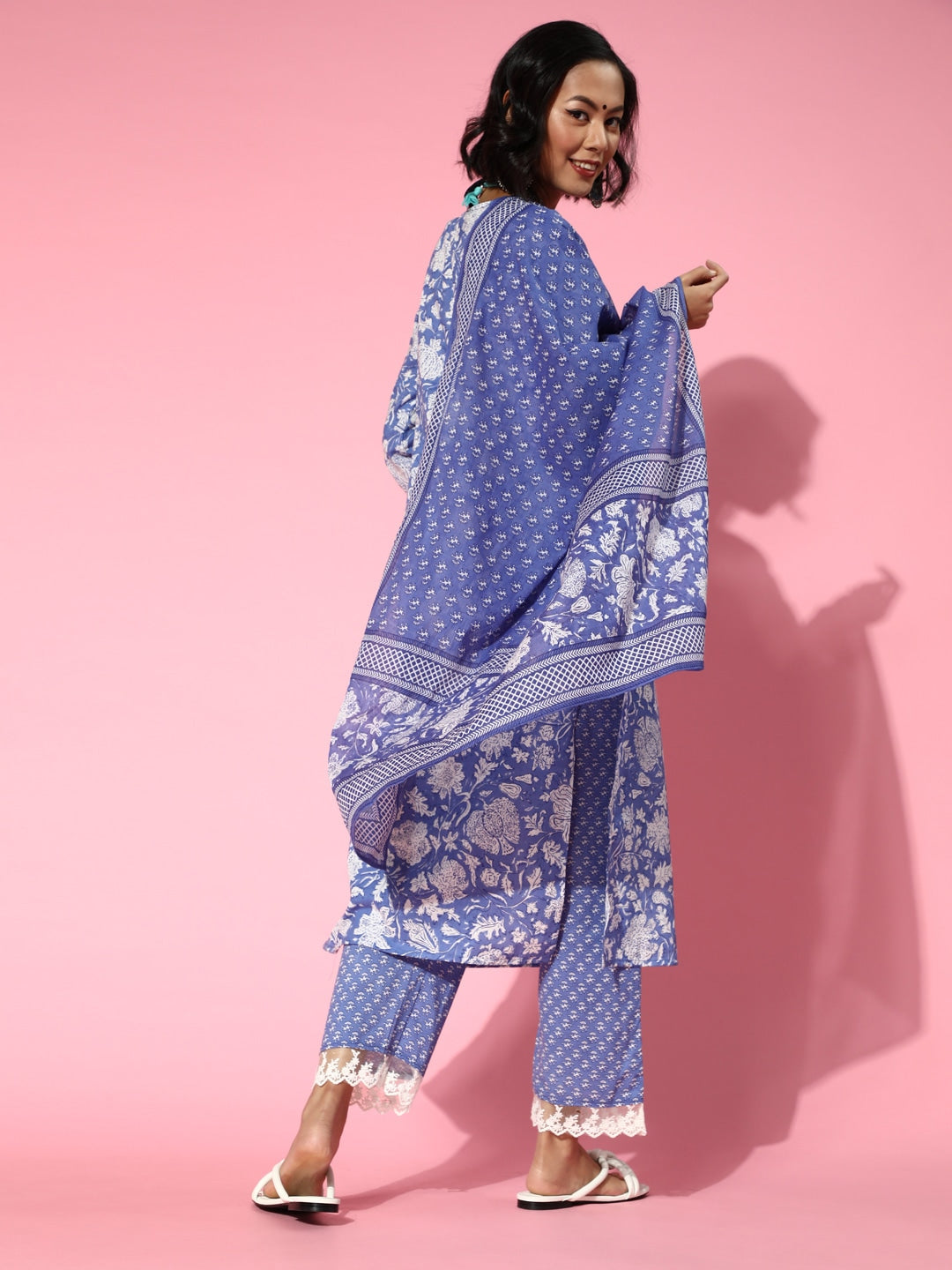 Blue Ethnic Printed Pure Cotton Dupatta Set-Yufta Store-9506SKDBLS