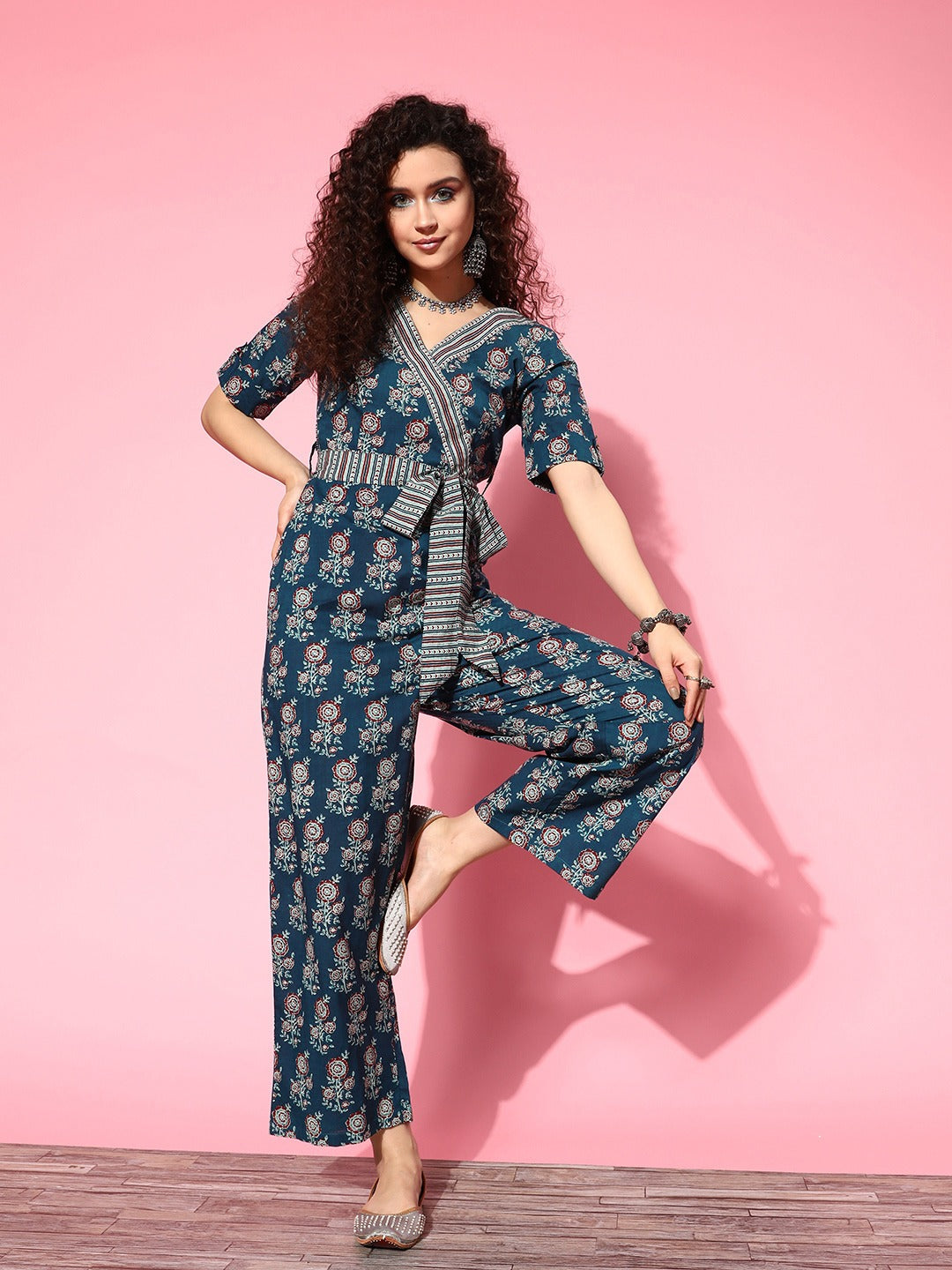 Blue Floral Culotte Jumpsuit-Yufta Store-8165JSBLXS