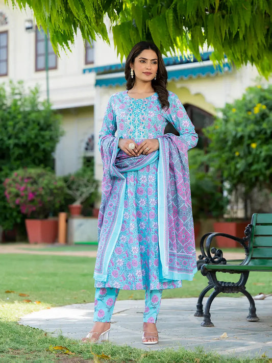 Blue Floral Print Anarkali Kurta Trouser And Dupatta Set-Yufta Store-6932SKDBLS