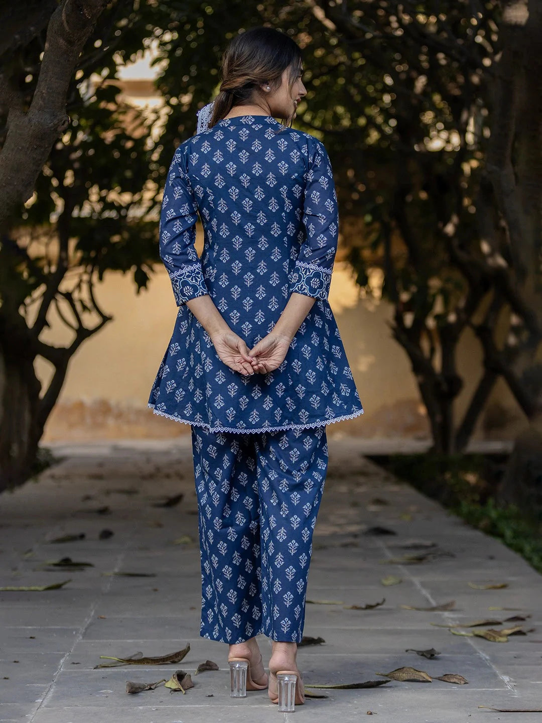 Blue Floral Print Cotton Co-Ord Set-Yufta Store-1923CRDBLS