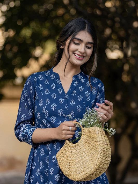 Blue Floral Print Cotton Co-Ord Set-Yufta Store-1923CRDBLS