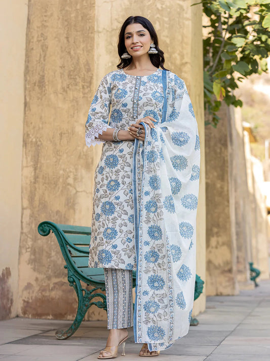 Blue Floral Print Straight Kurta Trouser And Dupatta Set-Yufta Store-6864SKDBLS