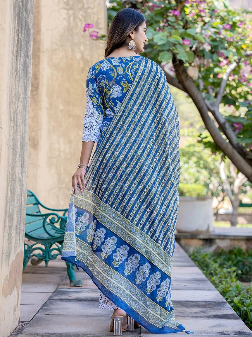 Blue Floral Print,Thread_Work Pakistani Style Kurta Trouser And Dupatta Set