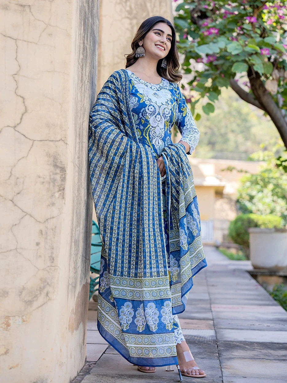 Blue Floral Print,Thread_Work Pakistani Style Kurta Trouser And Dupatta Set