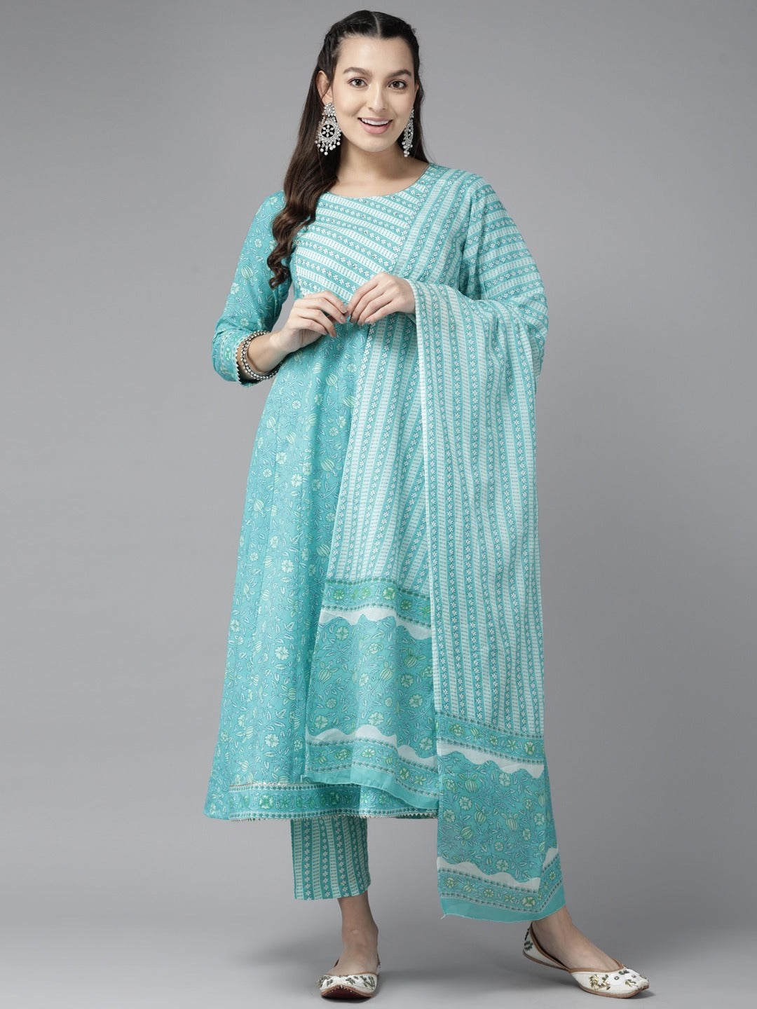 Blue Floral Printed Kurta Trouser Set With Dupatta-Yufta Store-1190SKDSBS