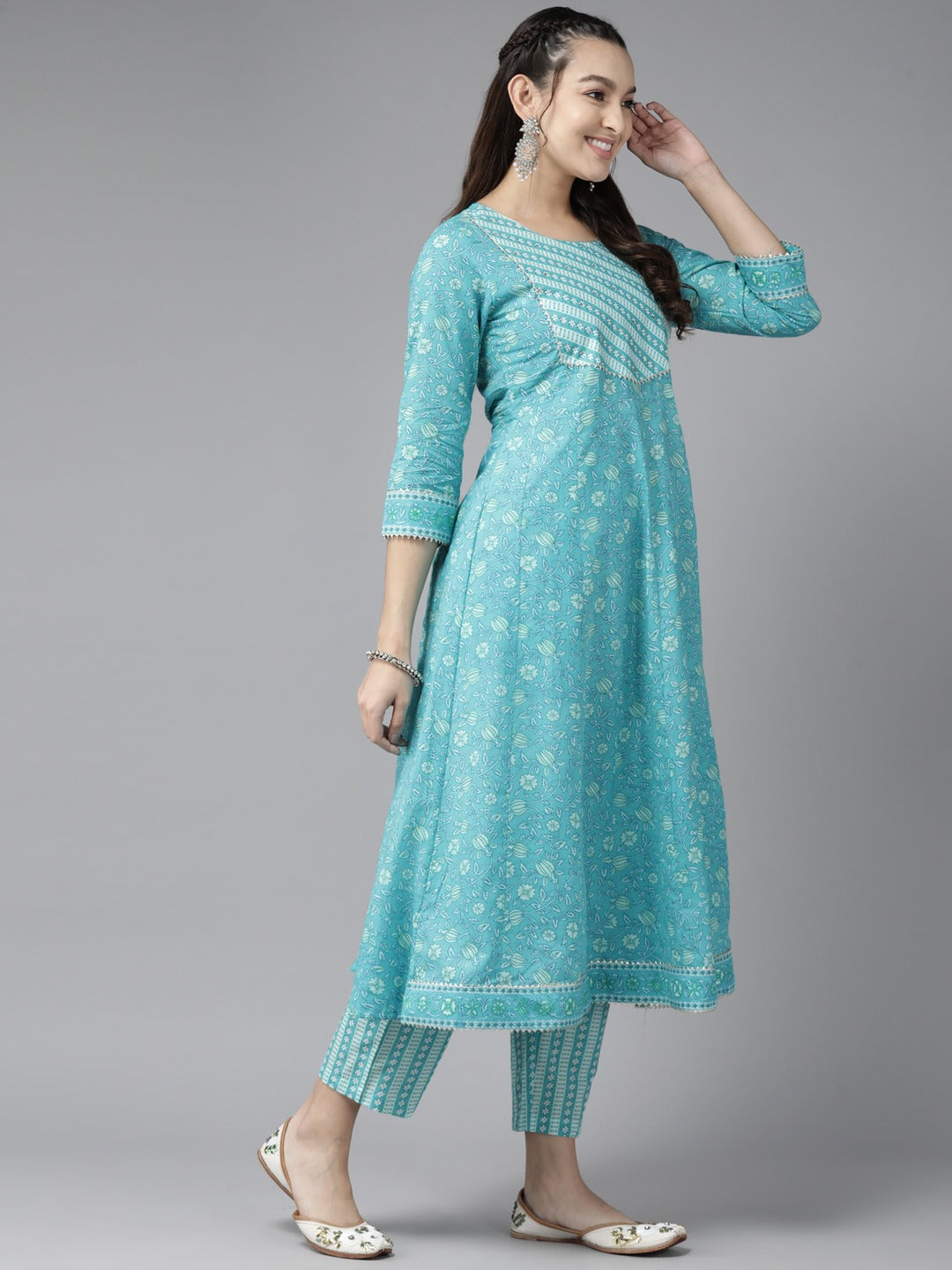 Blue Floral Printed Kurta Trouser Set With Dupatta-Yufta Store-1190SKDSBS