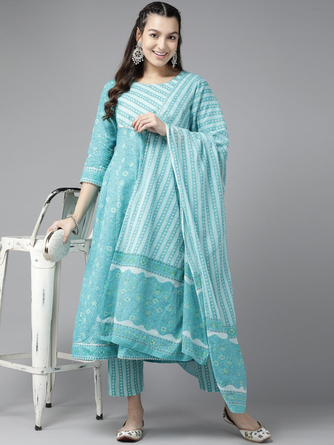 Blue Floral Printed Kurta Trouser Set With Dupatta-Yufta Store-1190SKDSBS