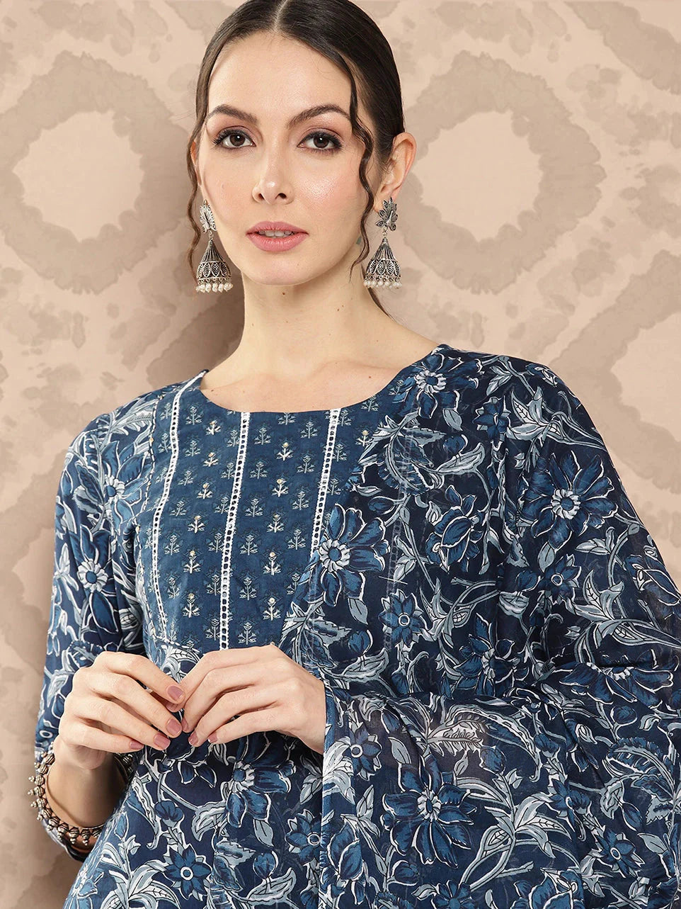 Blue Floral Printed Pure Cotton Kurta with Trousers & With Dupatta Set-Yufta Store-1344SKDBLS