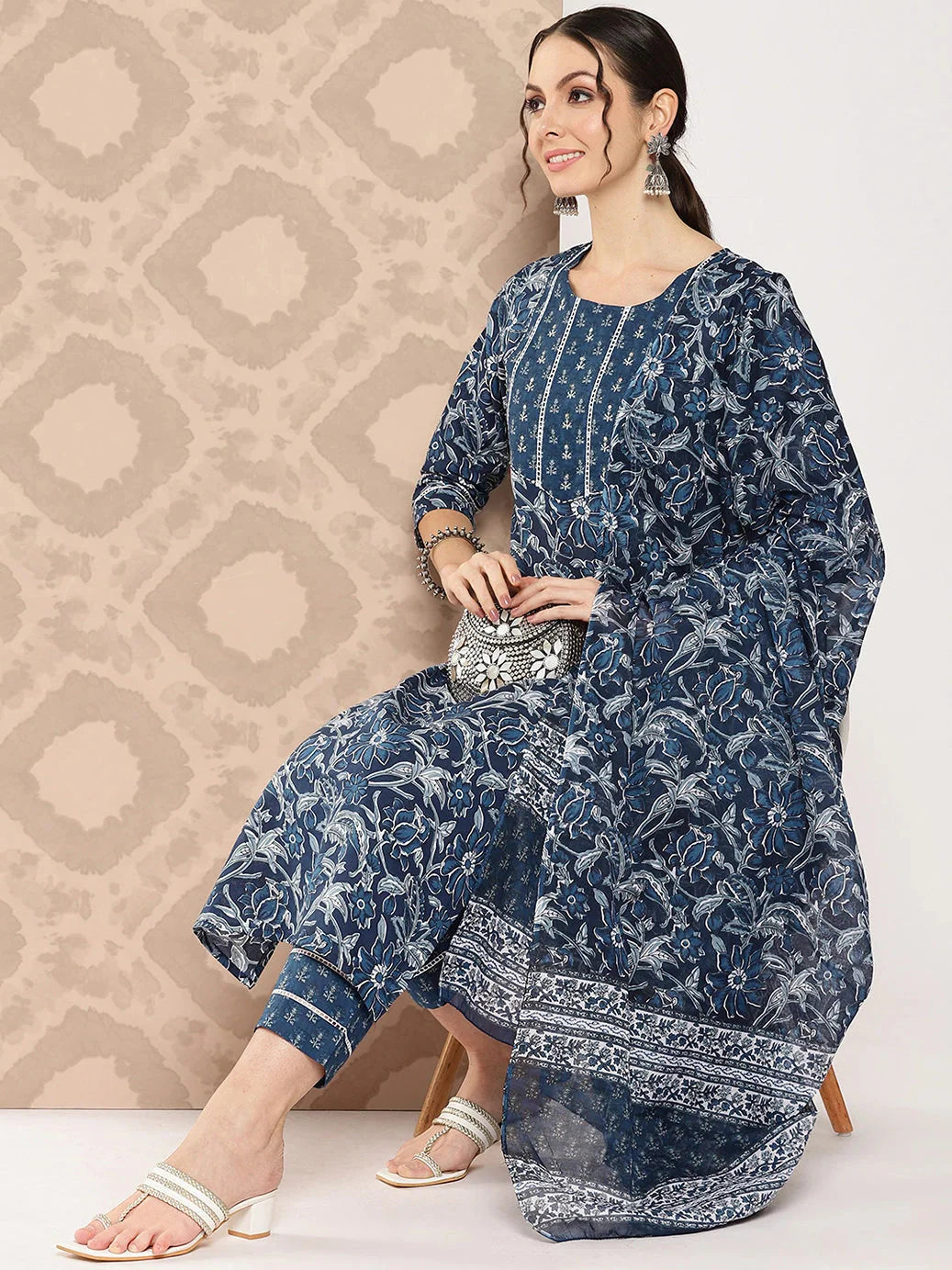 Blue Floral Printed Pure Cotton Kurta with Trousers & With Dupatta Set-Yufta Store-1344SKDBLS