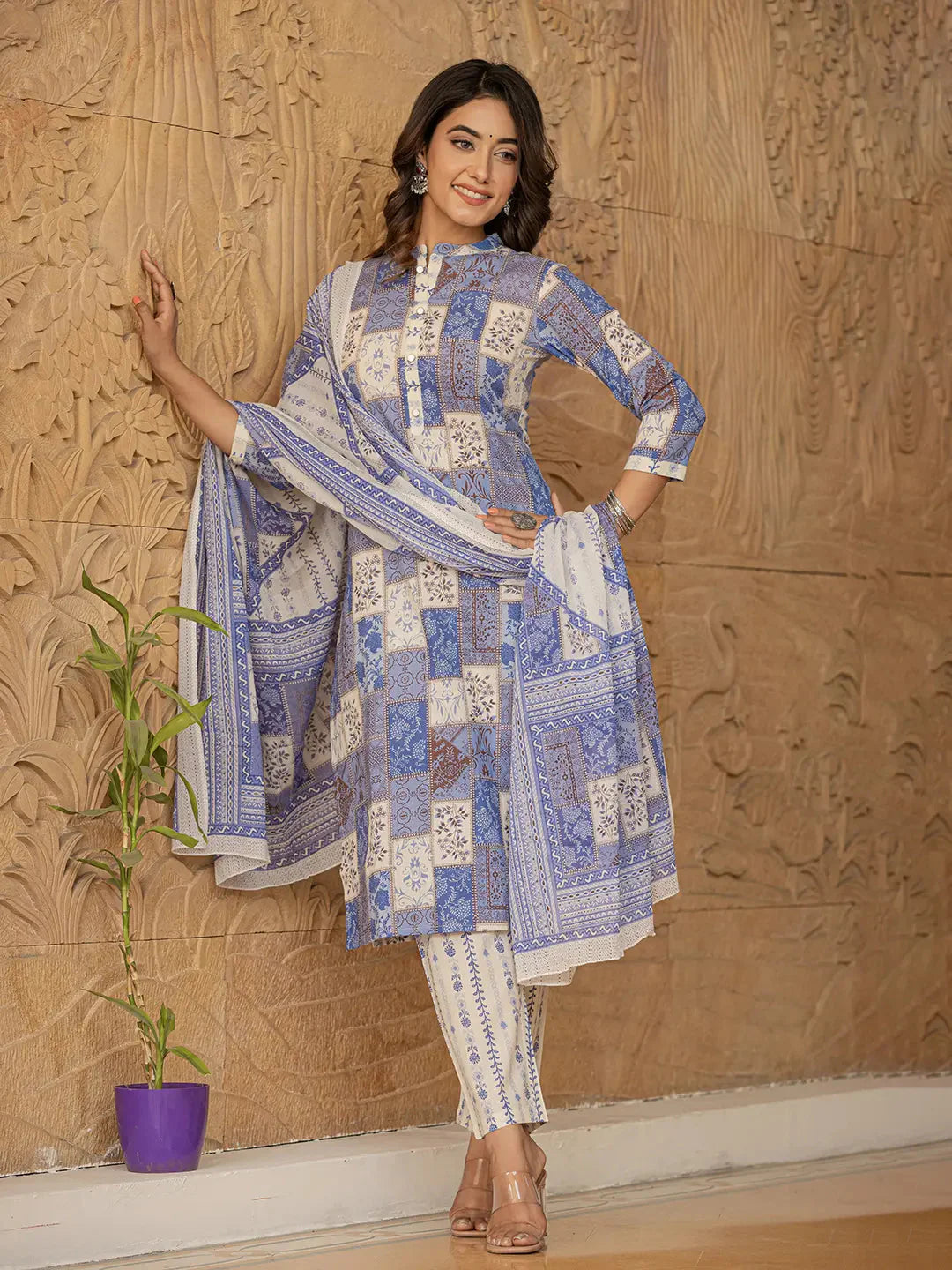 Blue Geometric Print Straight Kurta Trouser And Dupatta Set-Yufta Store-6863SKDBLS