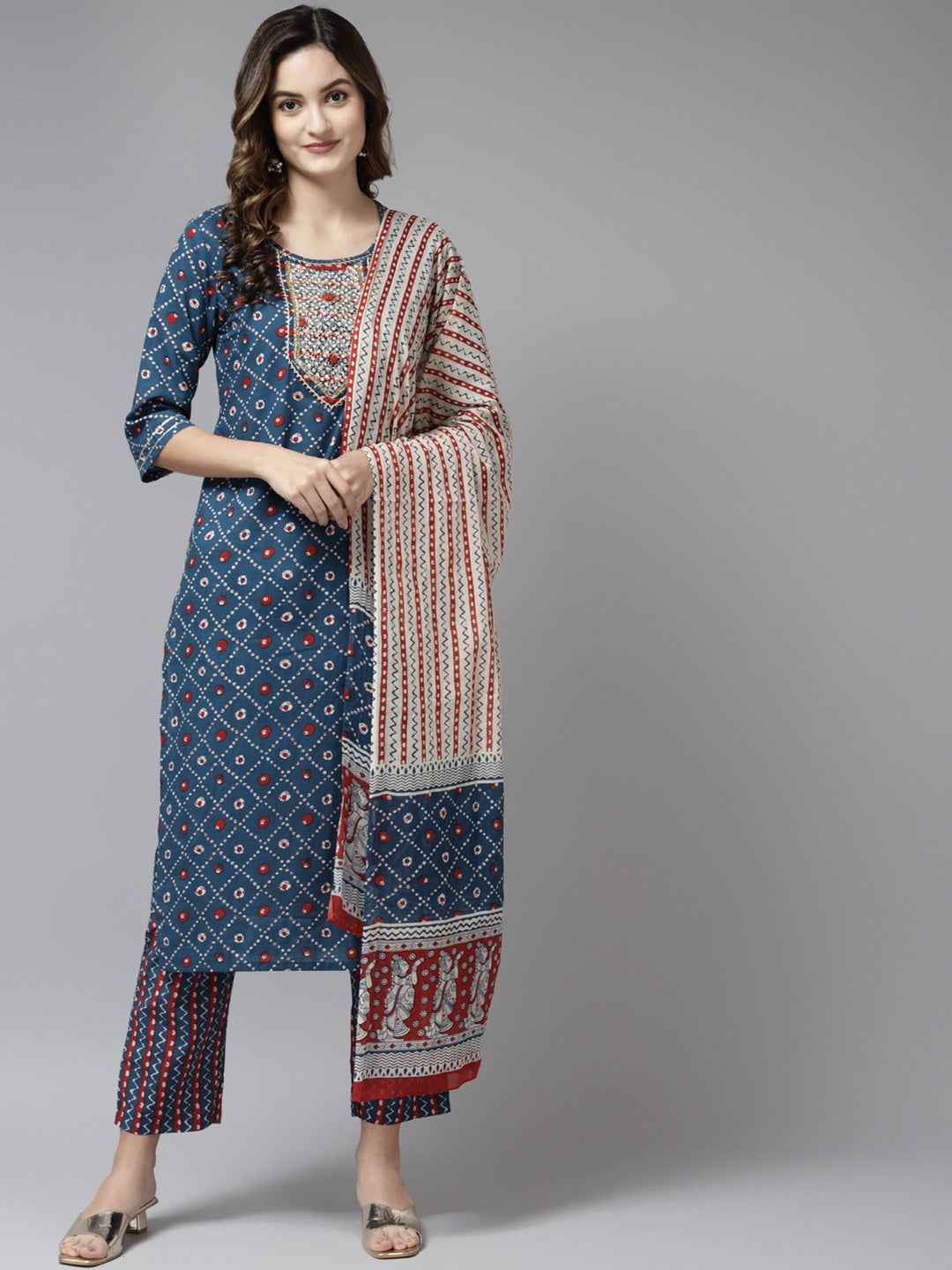 Blue Geometric Printed Pure Cotton Dupatta Set-Yufta Store-5403SKDBLM