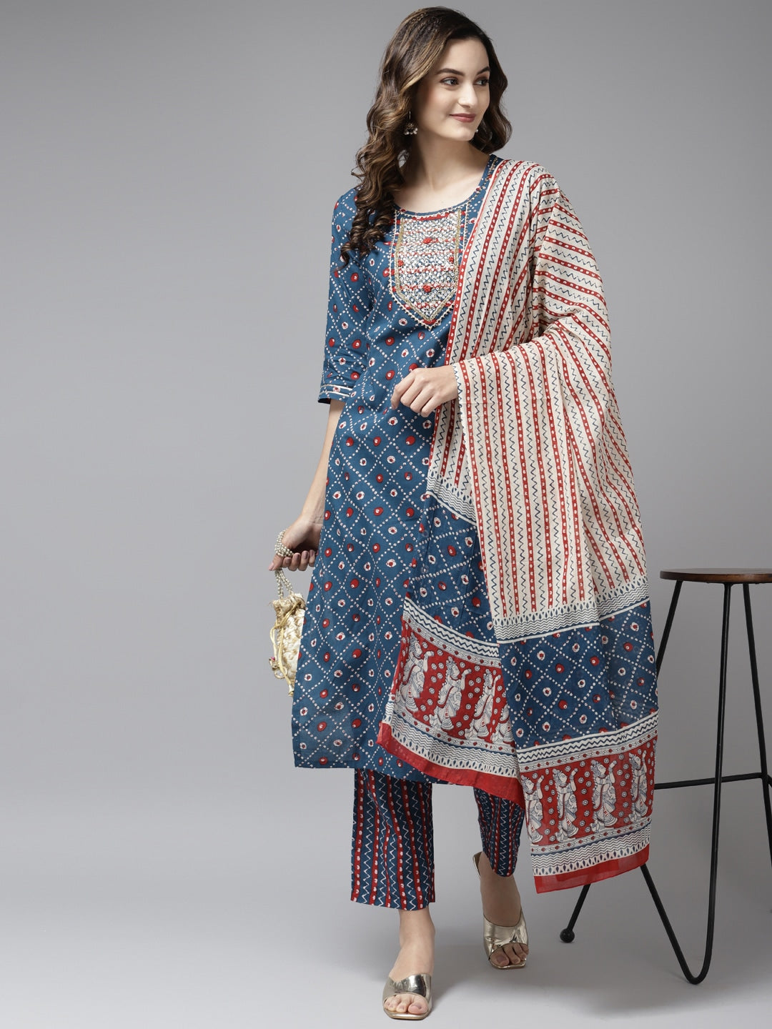 Blue Geometric Printed Pure Cotton Dupatta Set-Yufta Store-5403SKDBLM