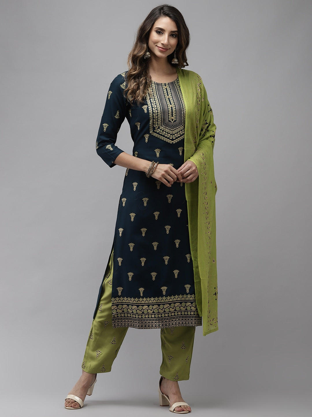 Blue & Green Dupatta Set-Yufta Store-2737SKDBLXS