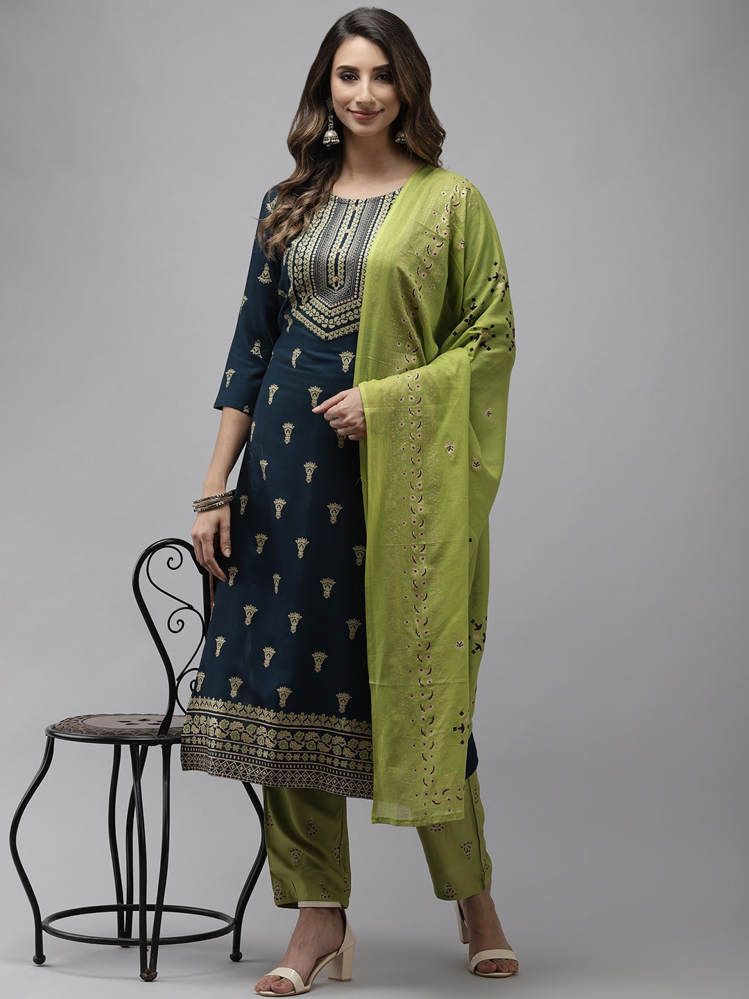 Blue & Green Dupatta Set-Yufta Store-2737SKDBLXS