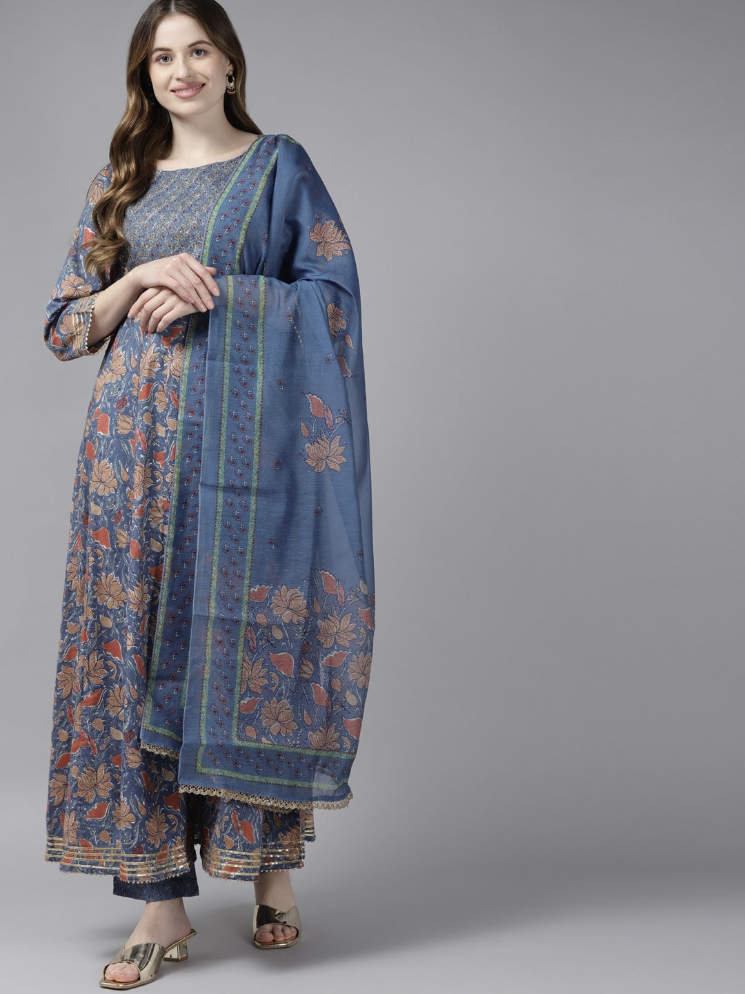 Blue Handblock Printed Cotton Dupatta Set