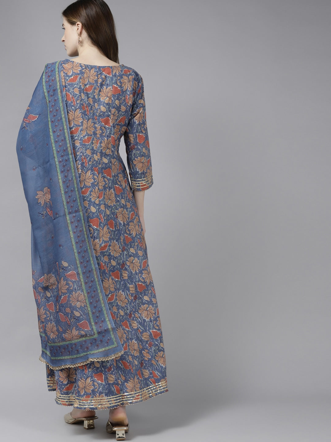 Blue Handblock Printed Cotton Dupatta Set