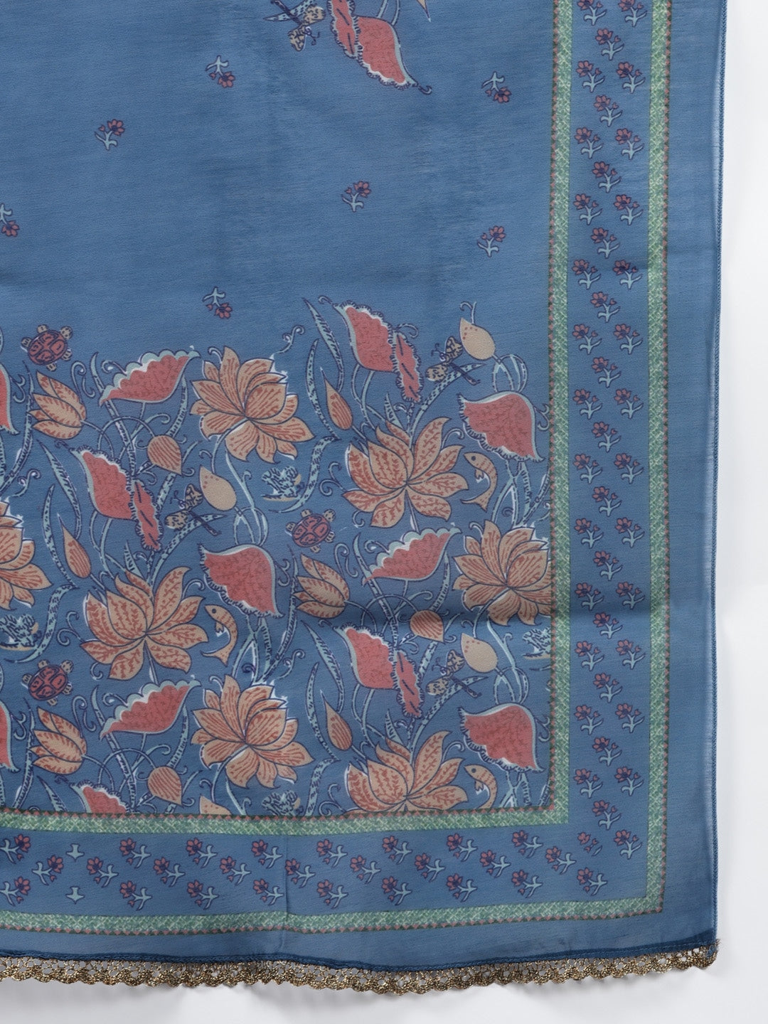 Blue Handblock Printed Cotton Dupatta Set