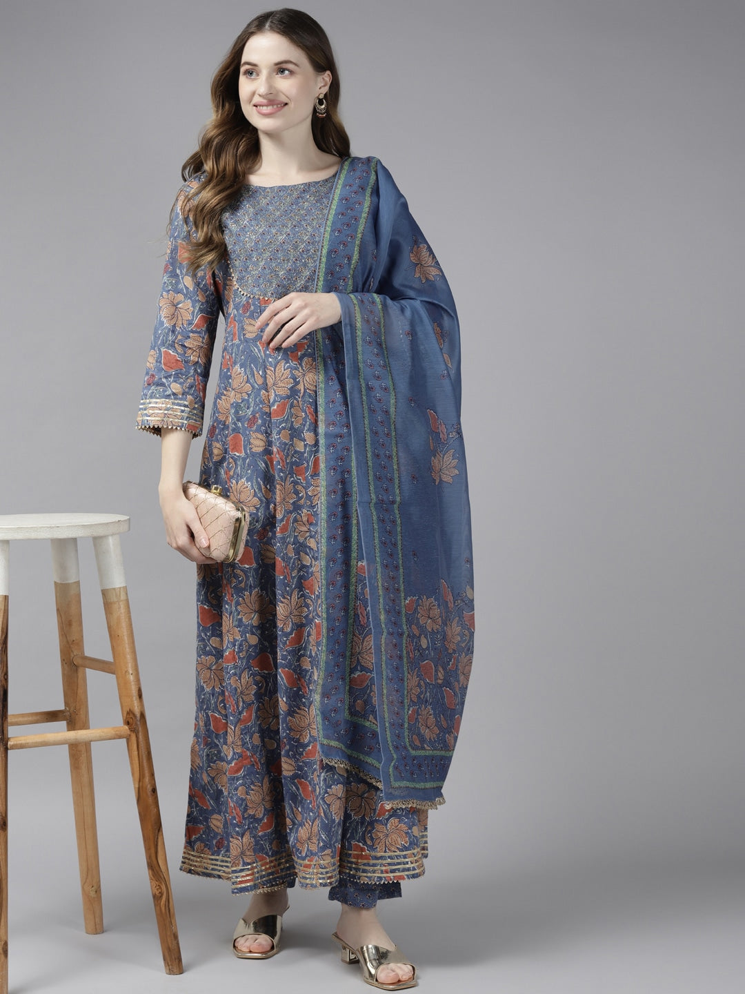 Blue Handblock Printed Cotton Dupatta Set