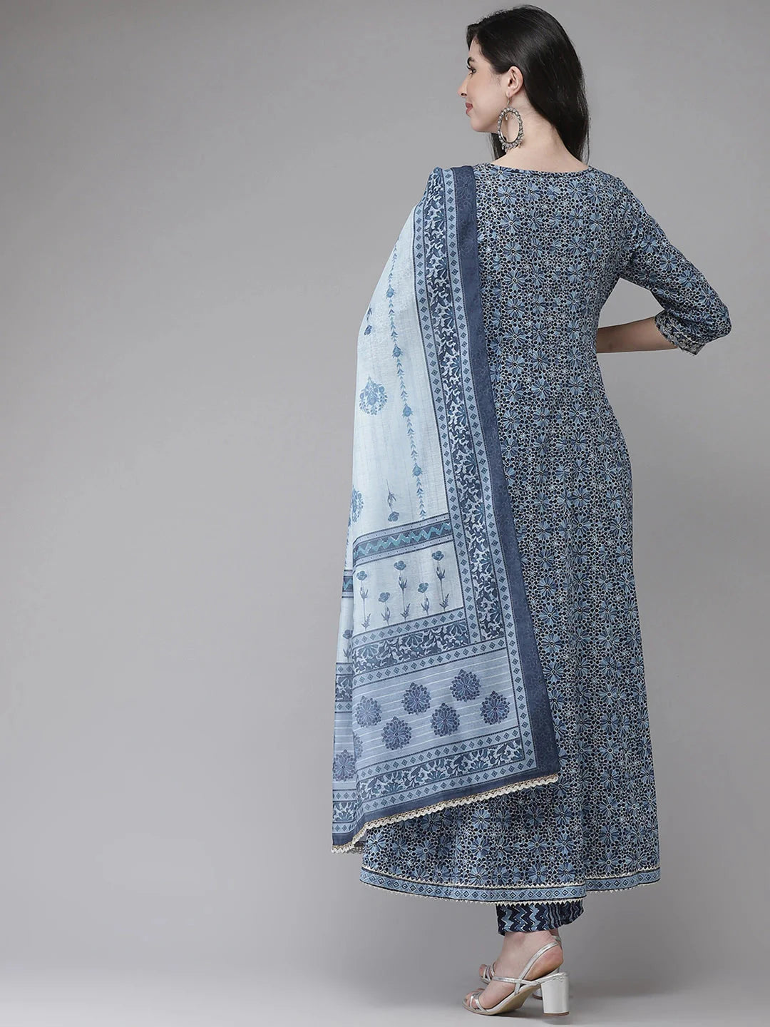 Blue Handblock Printed Embroidered Dupatta Set-Yufta Store-2349SKDBLM