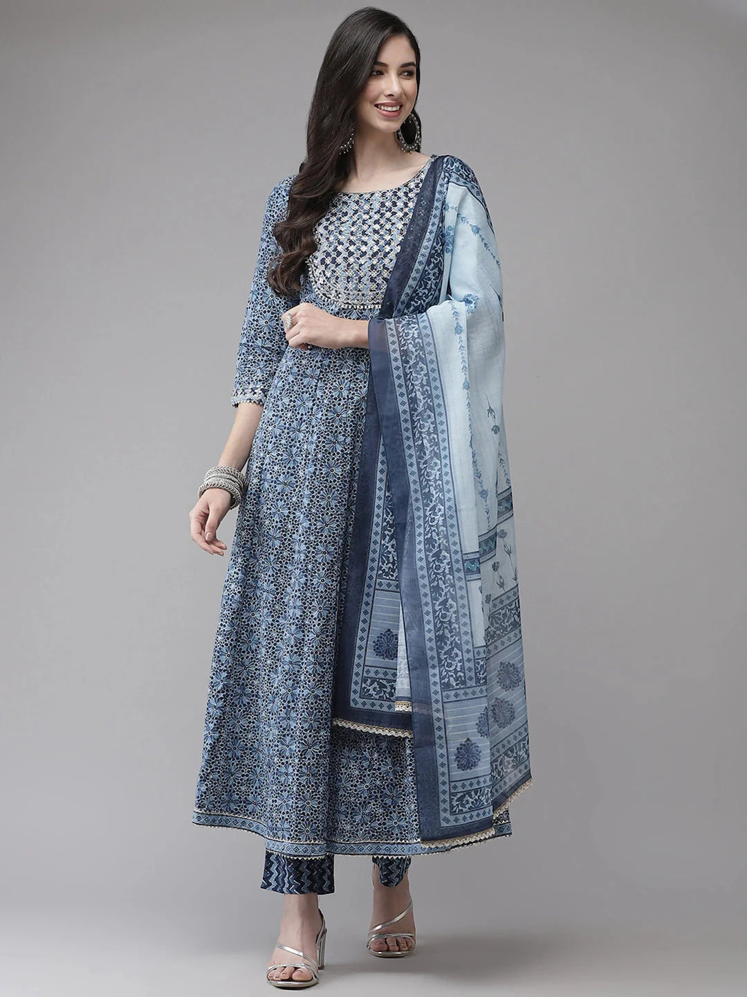 Blue Handblock Printed Embroidered Dupatta Set-Yufta Store-2349SKDBLM