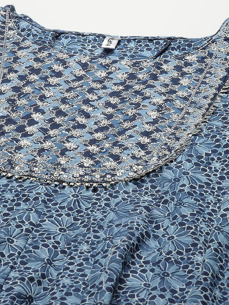 Blue Handblock Printed Embroidered Dupatta Set-Yufta Store-2349SKDBLM