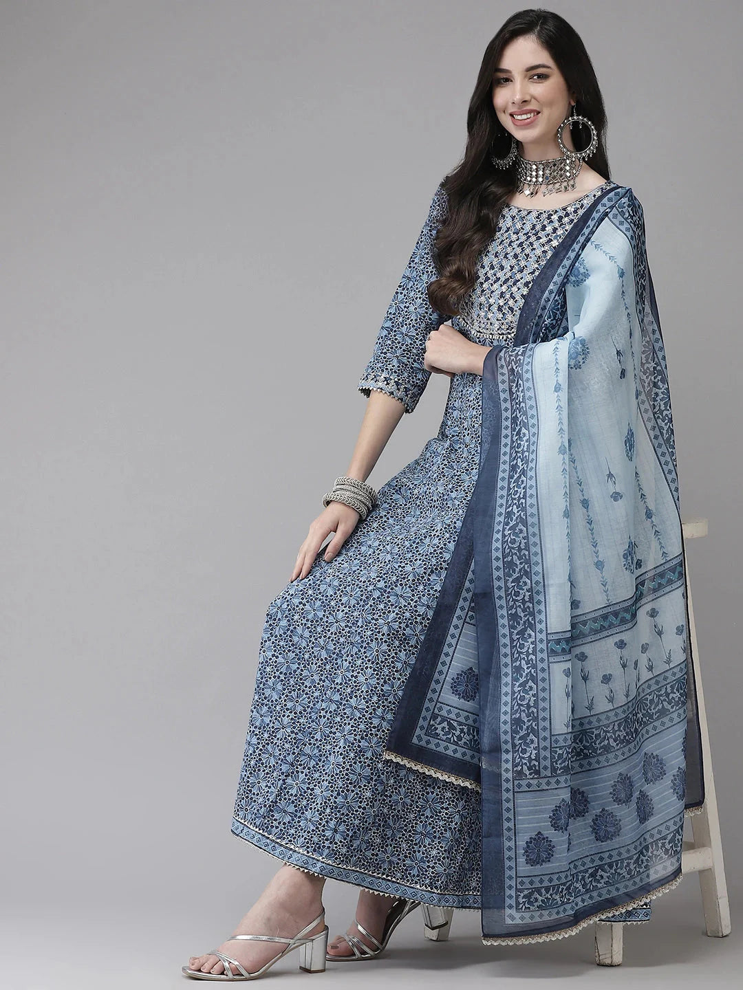 Blue Handblock Printed Embroidered Dupatta Set-Yufta Store-2349SKDBLM