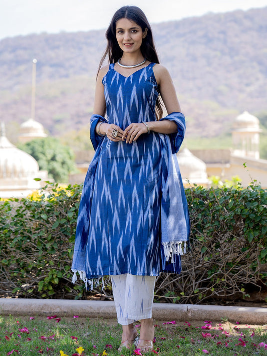 Blue Ikat Print Kurta Dupatta Set-Yufta Store-1458SKDBLS