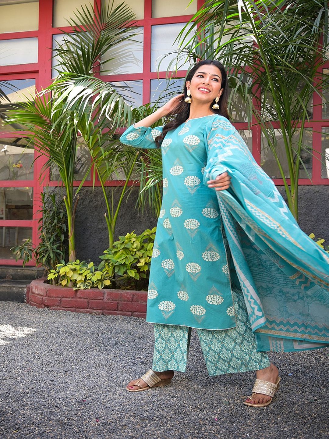 Blue & Off-White Printed Dupatta Set-Yufta Store-702SKDBLS