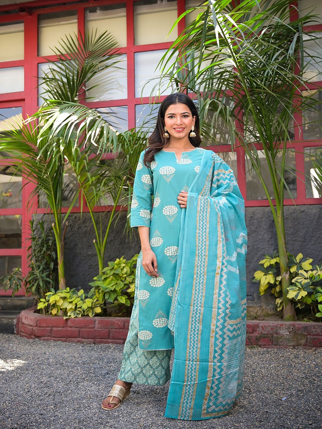 Blue & Off-White Printed Dupatta Set-Yufta Store-702SKDBLS