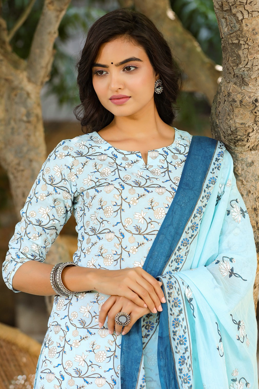 Blue & Offwhite Printed Dupatta Set-Yufta Store-9305SKDSBS