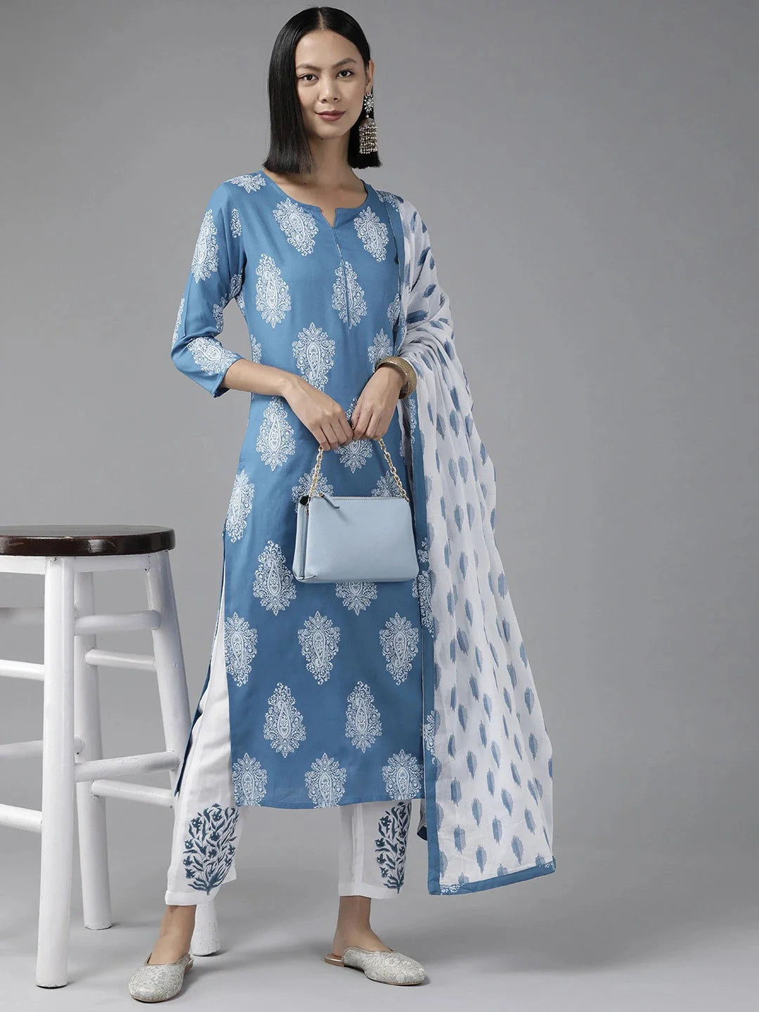 Blue Paisley Printed Dupatta Set-Yufta Store-1118SKDBLS