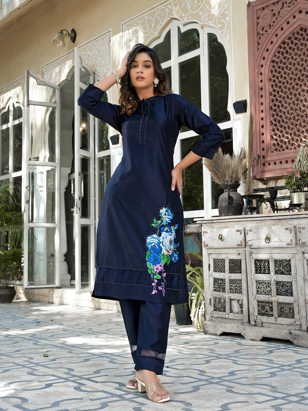 Blue Patch_Work Kurta Trouser Set-Yufta Store-1647SETBLM