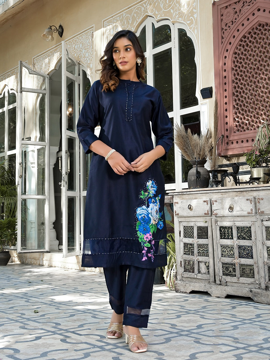 Blue Patch_Work Kurta Trouser Set-Yufta Store-1647SETBLM