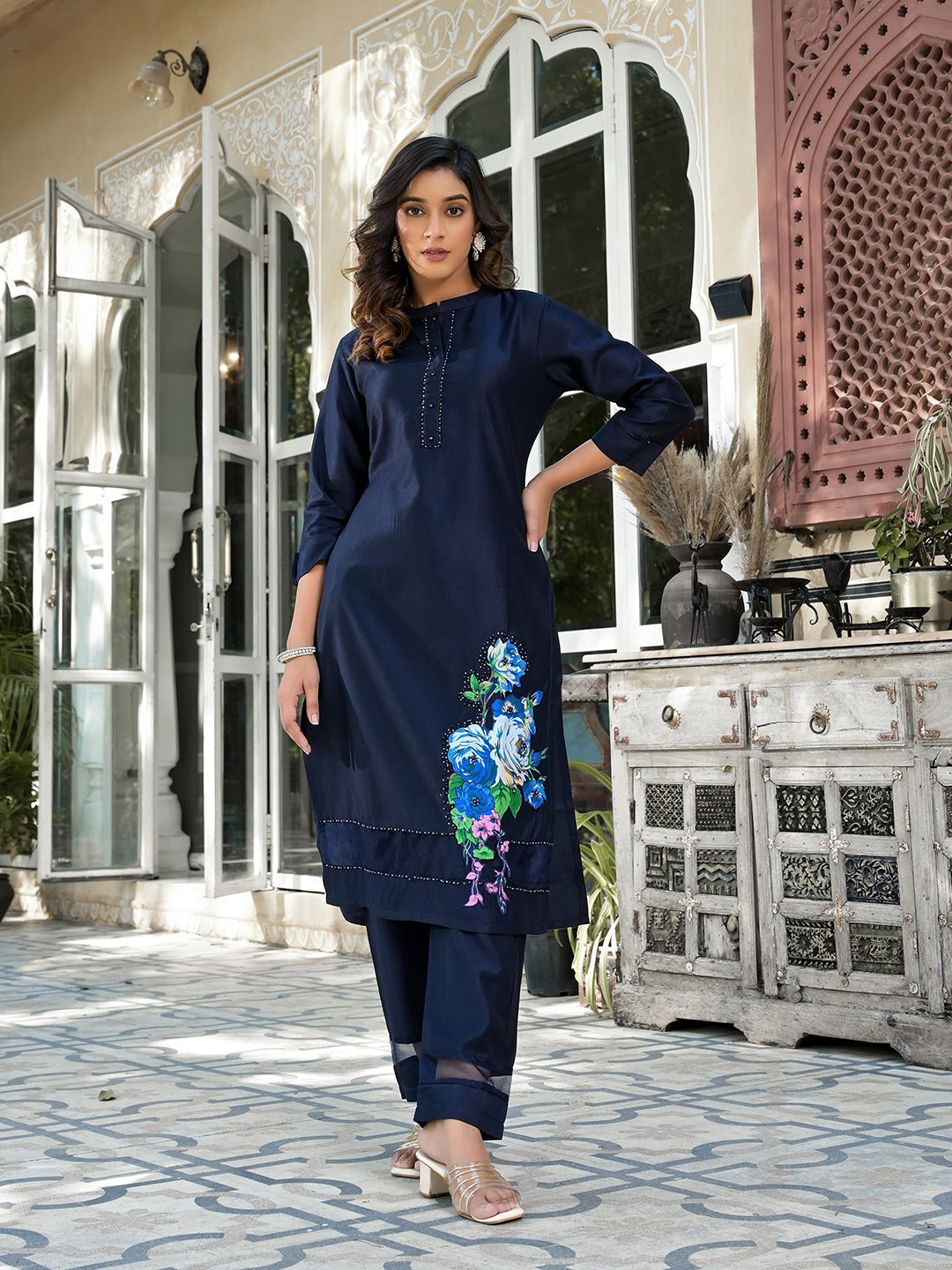 Blue Patch_Work Kurta Trouser Set-Yufta Store-1647SETBLM