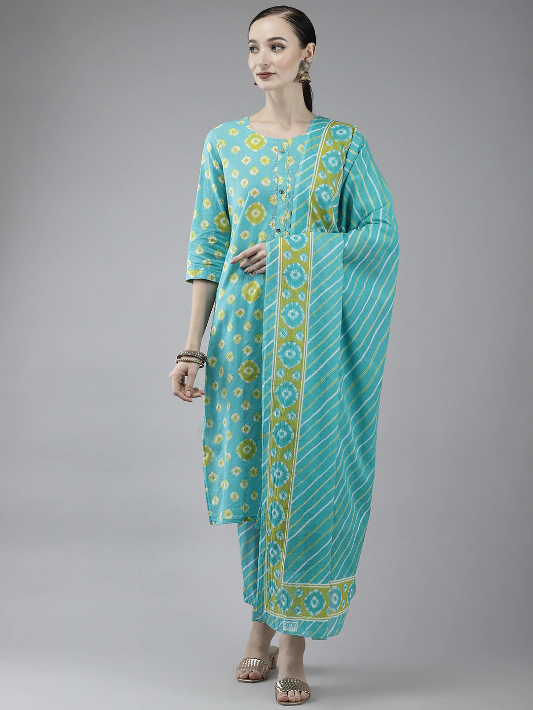 Blue Printed Cotton Dupatta Set-Yufta Store-4780SKDSBM