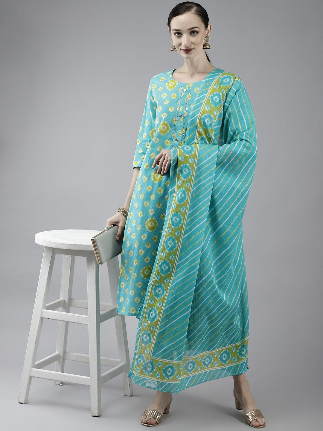 Blue Printed Cotton Dupatta Set-Yufta Store-4780SKDSBM