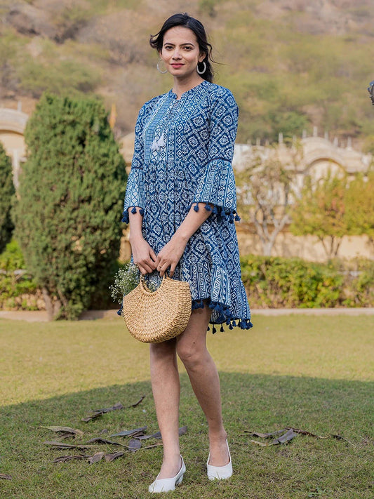 Blue Pure Cotton Ethnic Motifs Less Border Tassels Were Dress-Yufta Store-1872DRSBLS