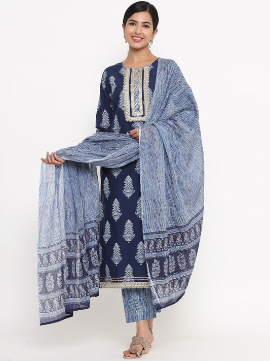 Blue Pure Cotton Printed Dupatta Set-Yufta Store-3705SKDBLS