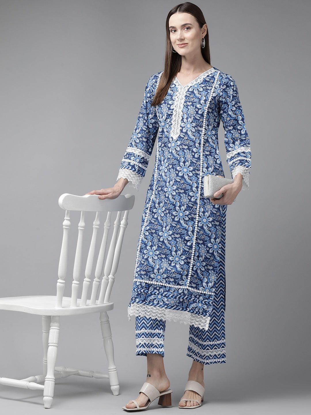 Blue Pure Cotton kurta set with embroidery Kurta Trouser Set-Yufta Store-1794SETBLS