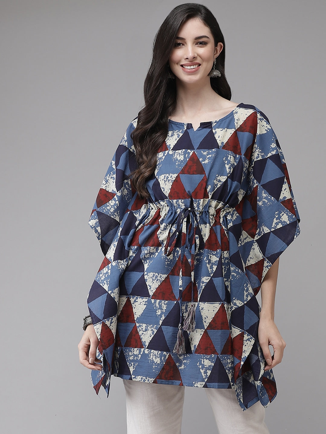 Blue & Red Geometric Printed Kaftan Kurta-Yufta Store-9289KFTBLS