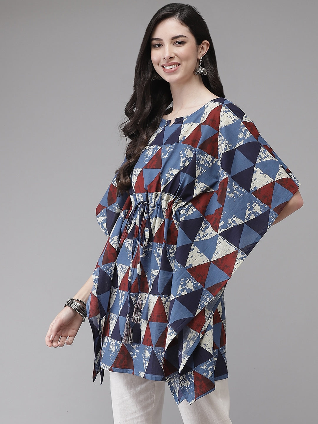 Blue & Red Geometric Printed Kaftan Kurta-Yufta Store-9289KFTBLS