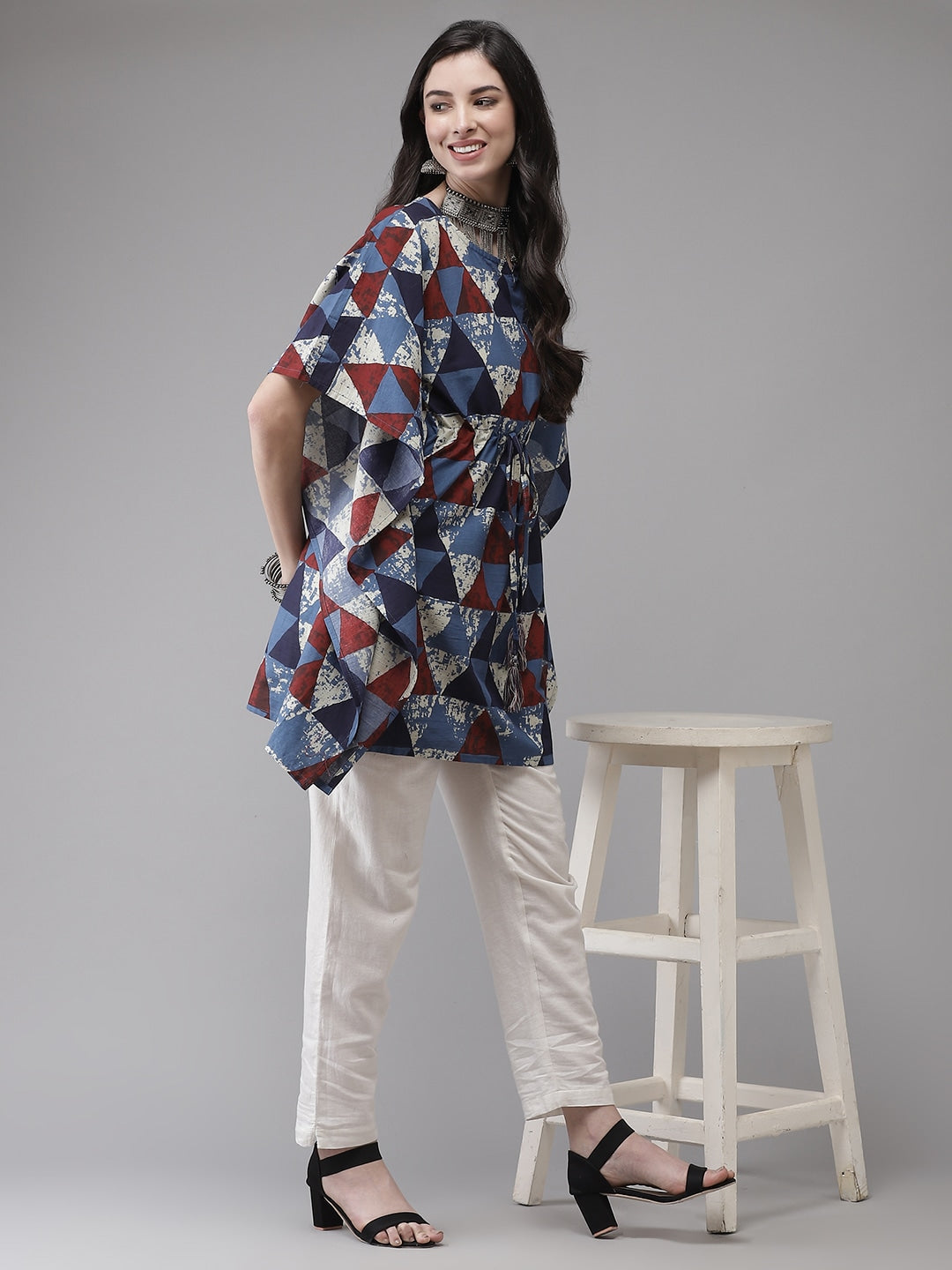 Blue & Red Geometric Printed Kaftan Kurta-Yufta Store-9289KFTBLS