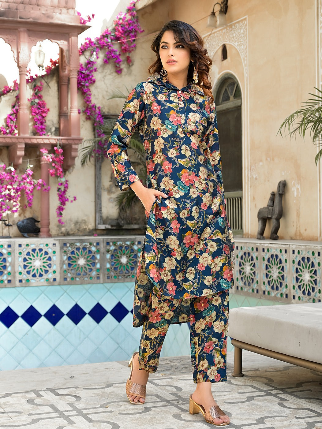 Blue Silk blend Floral Print Shirt Collar Co-ord set-Yufta Store-1827CRDBLM