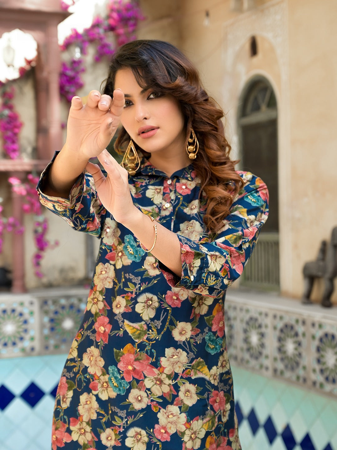 Blue Silk blend Floral Print Shirt Collar Co-ord set-Yufta Store-1827CRDBLM