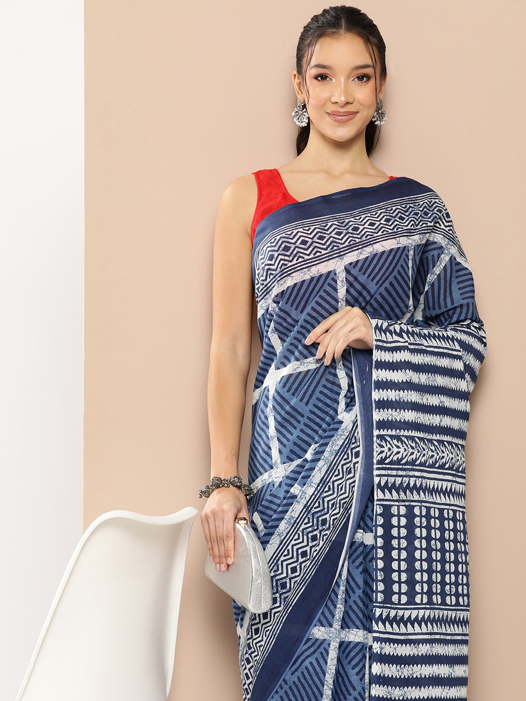 Blue Striped Mulmul Cotton Sarees With Unstitched Blouse-Yufta Store-1972SARBL