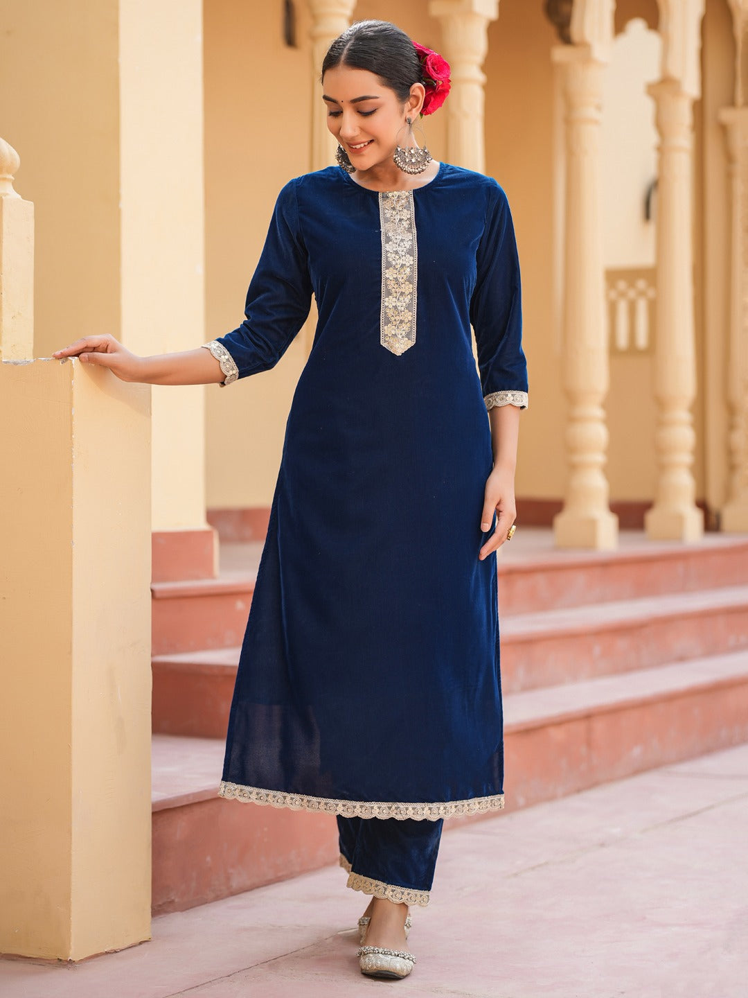 Blue Velvet Kurta Set with cotton Lining and Embroidery Kurta Trouser Set-Yufta Store-1798SETBLS