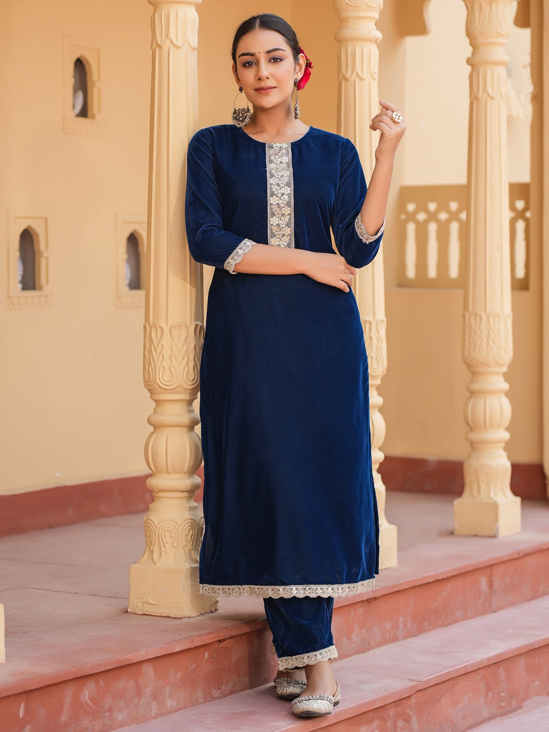 Blue Velvet Kurta Set with cotton Lining and Embroidery Kurta Trouser Set-Yufta Store-1798SETBLS