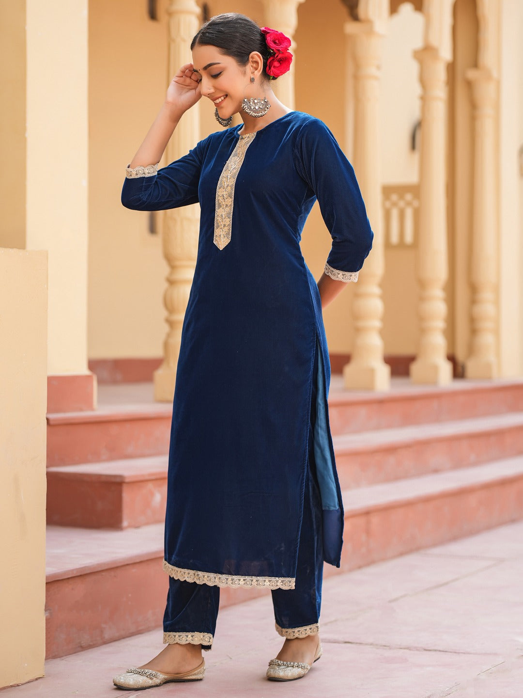 Blue Velvet Kurta Set with cotton Lining and Embroidery Kurta Trouser Set-Yufta Store-1798SETBLS